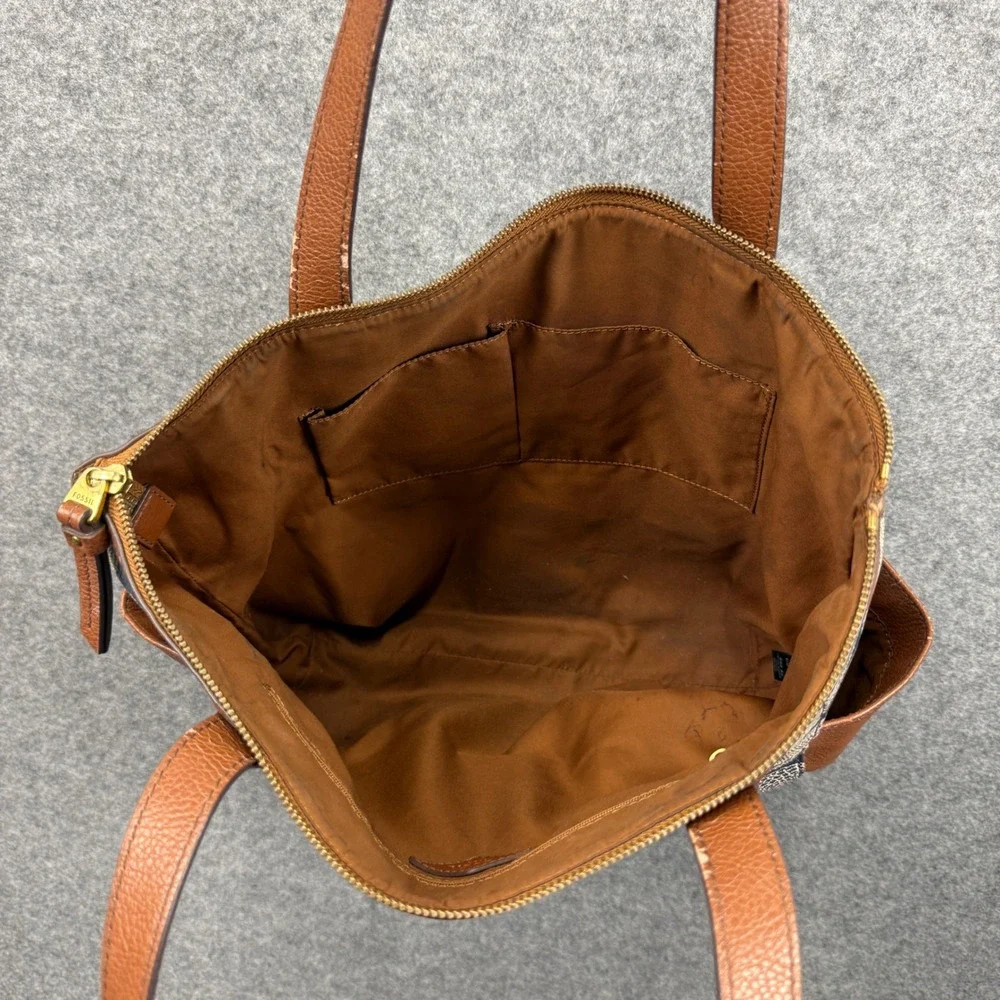 Fossil Navy Cream Geometric Circle Print Tote Bag Brown Leather Trim‎ Large